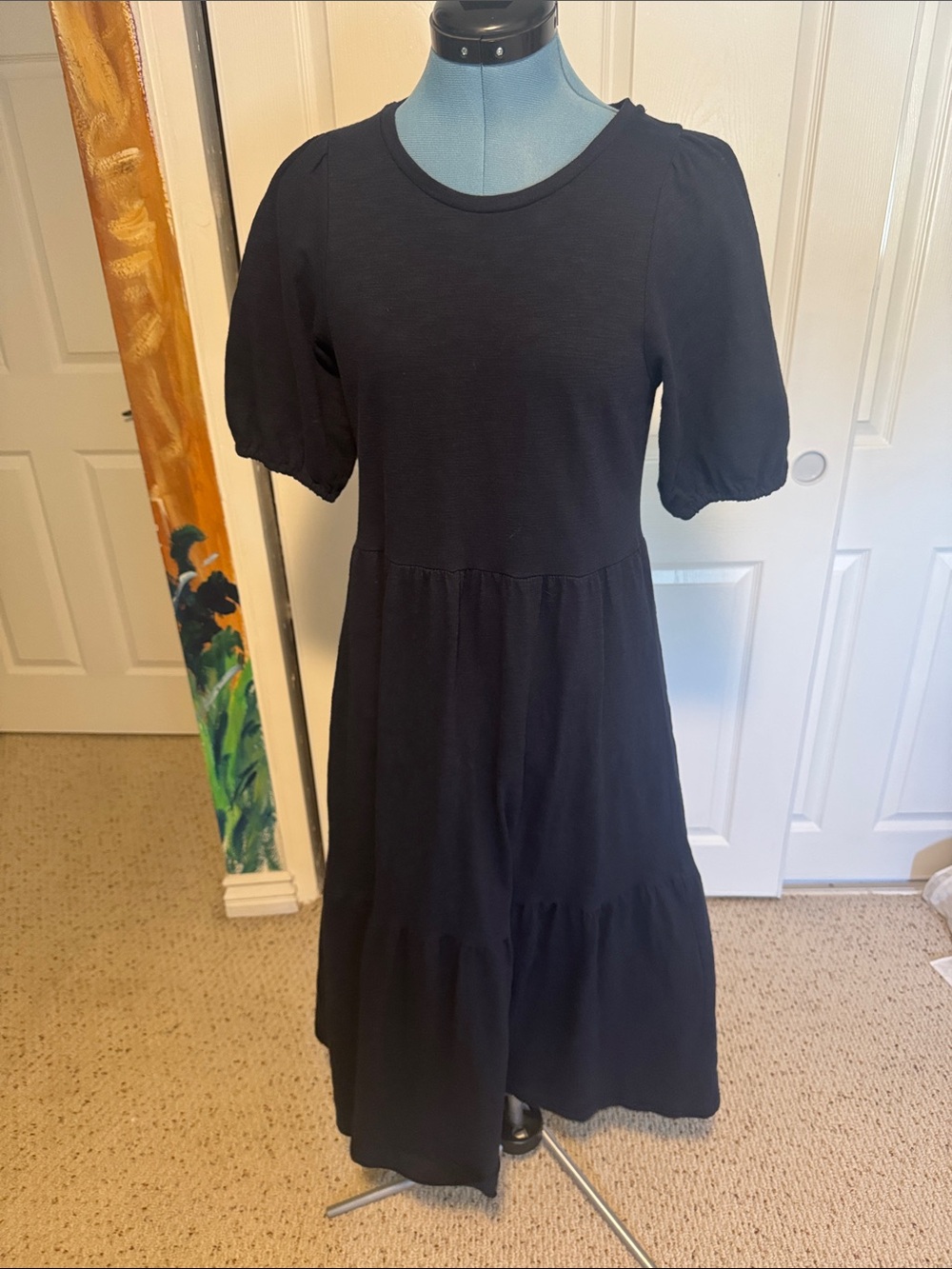 LOFT Black Puff Sleeve Tiered Midi Dress